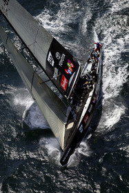 03_0159D ©Th.Martinez - Auckland (NZ) . America's Cup 2003. 15th February 2003. Day 1..Alinghi (SUI 64) vs Team NZ (NZL 82) .NZL 82 in first minutes of Race 1 before retiring on damage. Alinghi 1- Team NZ 0.