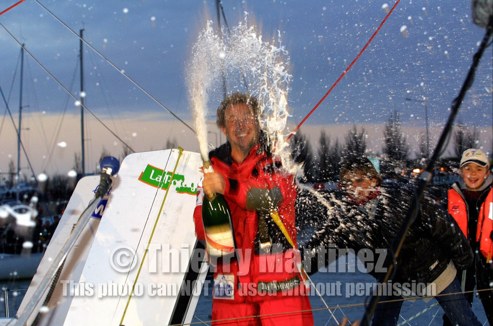 ©ThMartinez.Vendee Globe  Finish.Les Sables d'Olonne (FRA).13th February 2001..Roland Jourdain (FRA) SILL MATINES LA POTAGERE 3rd in .Single handed round the world race in 96 days 01 h 02 mn 33 seconds..Roland  alias BILOU set up the new record of distance on Open 60'.in 24h: 435,3 miles.