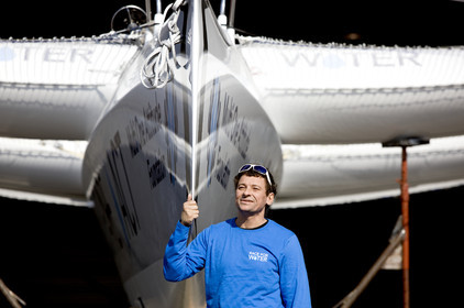 1st MOD 70  RACE FOR WATER , Skipper Steve Ravussin (SUI) going in water in Lorient (FRA).