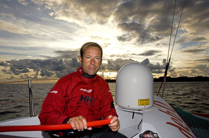 Thomas Coville(FRA) training on board trimaran SODEB'O for 2006 Route du Rhum.