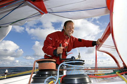 Thomas Coville(FRA) training on board trimaran SODEB'O for 2006 Route du Rhum.