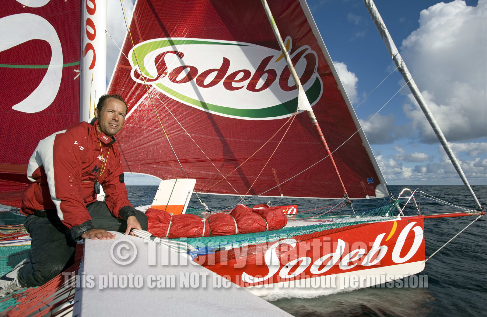 Thomas Coville(FRA) training on board trimaran SODEB'O for 2006 Route du Rhum.