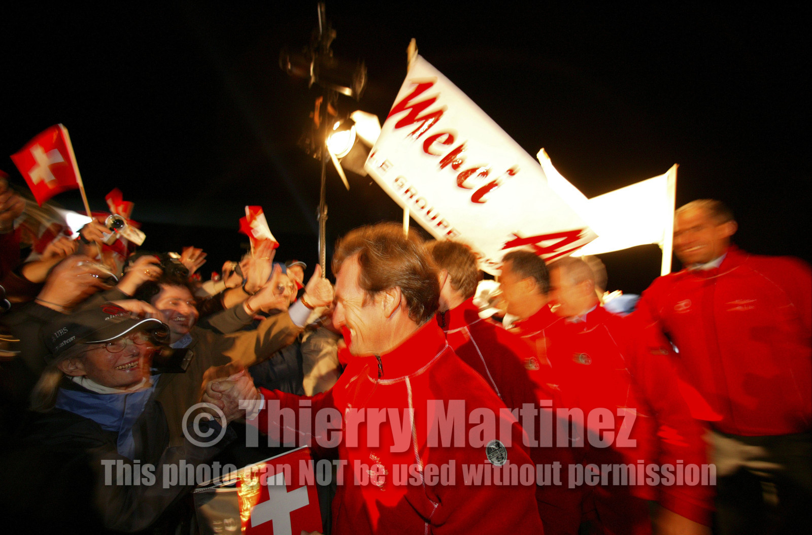 03_2247D ©Th.Martinez. Geneva , Switzerland. America's Cup 2003. 8th March 2003.Alinghi Team winner of America's Cup 2003..Welcome to Alinghi Team at La Rotonde in Geneva...