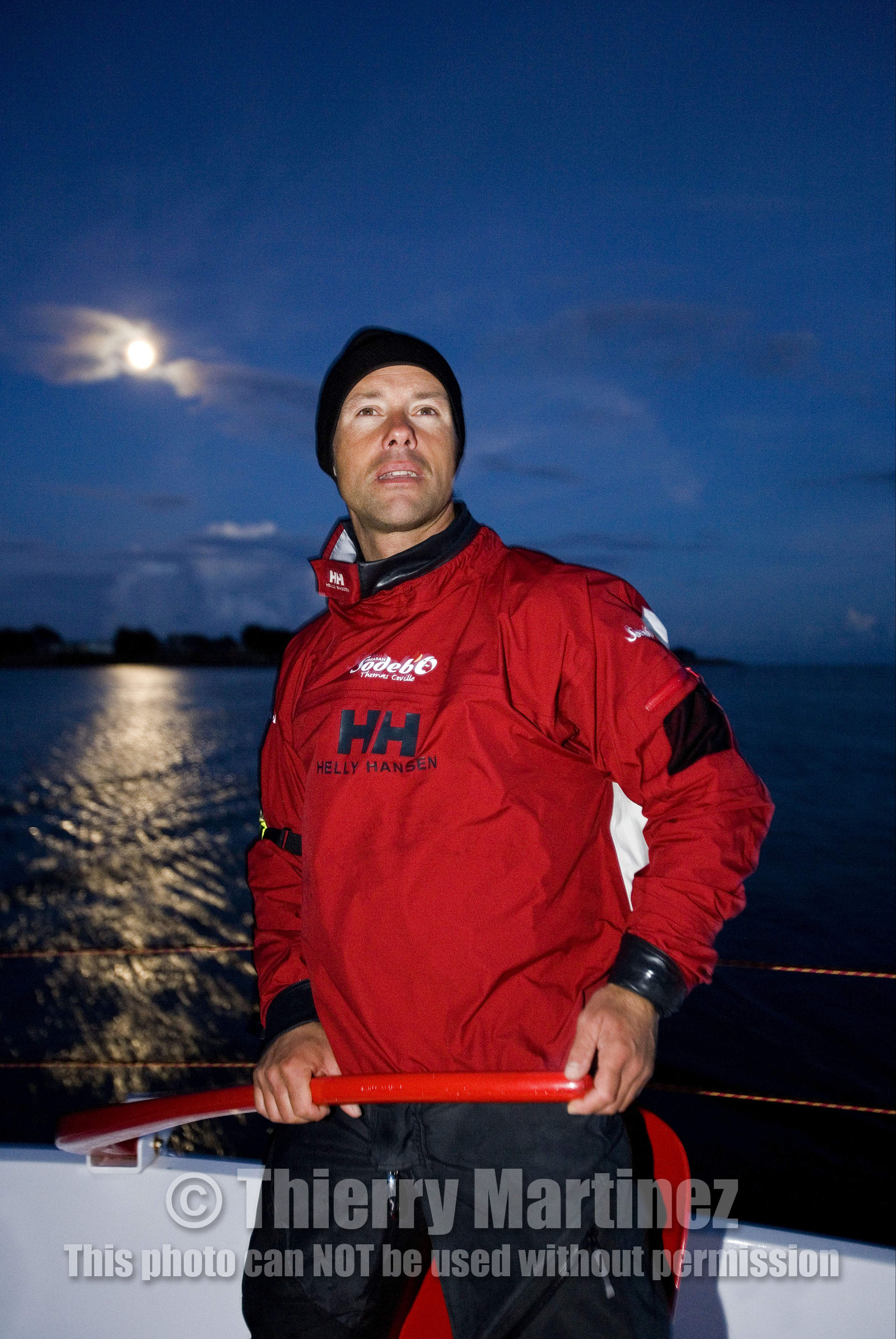 Thomas Coville(FRA) training on board trimaran SODEB'O for 2006 Route du Rhum.