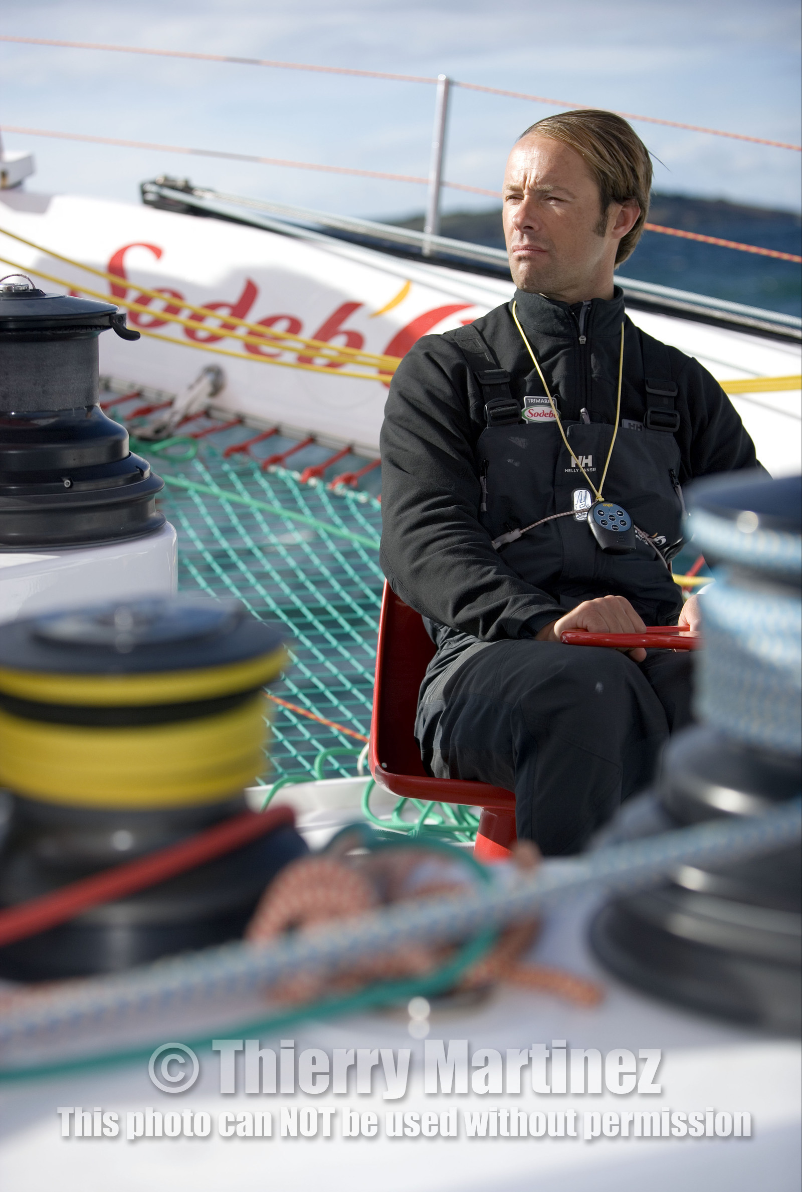 Thomas Coville(FRA) training on board trimaran SODEB'O for 2006 Route du Rhum.