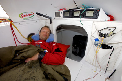 Thomas Coville(FRA) training on board trimaran SODEB'O for 2006 Route du Rhum.