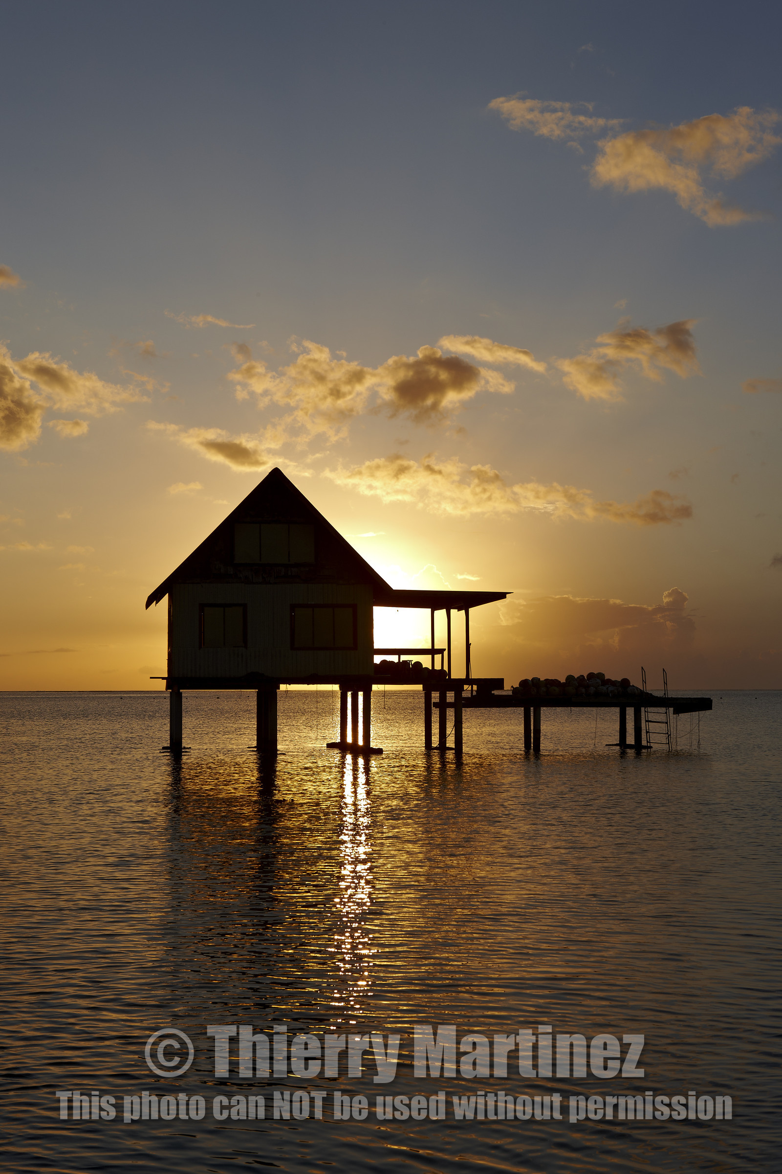 15_025399  ©ThMartinez Sea&Co.  RAIATEA - ILES SOUS LE VENT. POLYNESIE FRANCAISE .  2 Février 2015. ..Ferme perliere dans le lagon de Raiatea au couché du soleil.