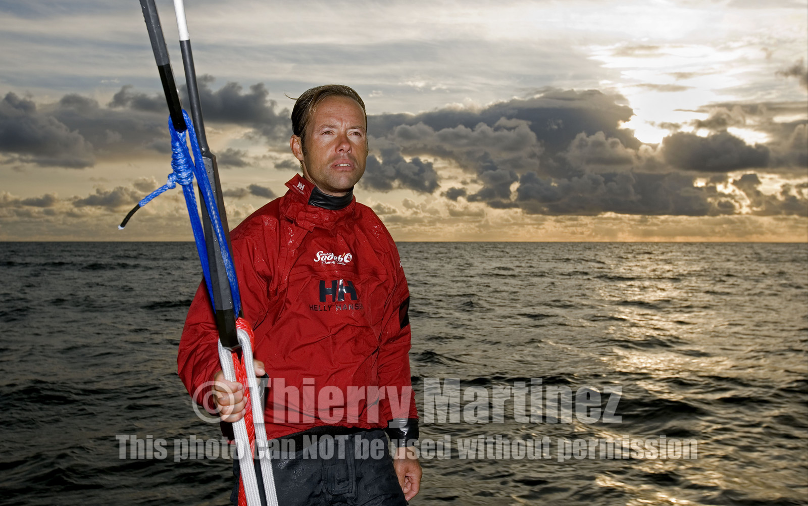 Thomas Coville(FRA) training on board trimaran SODEB'O for 2006 Route du Rhum.