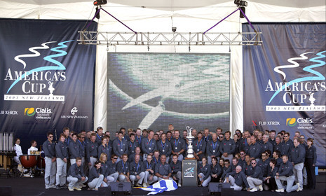 03_1486D ©Th.Martinez  - Auckland-New Zealand . America's Cup 2003. 3rd March 2003. .America's Cup prizegiving.All Alinghi Team, winner of America's Cup 2003, on stage..