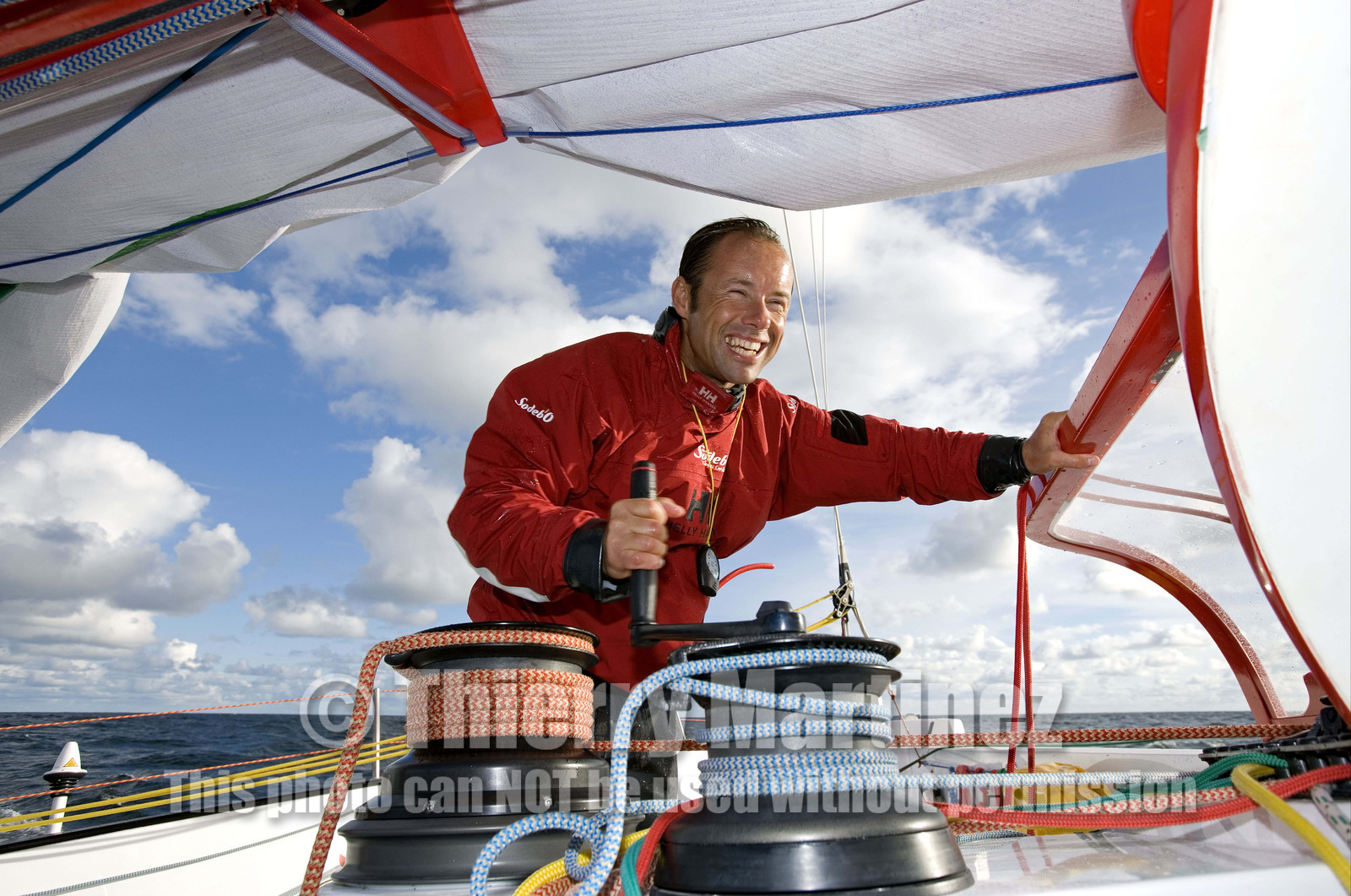 Thomas Coville(FRA) training on board trimaran SODEB'O for 2006 Route du Rhum.