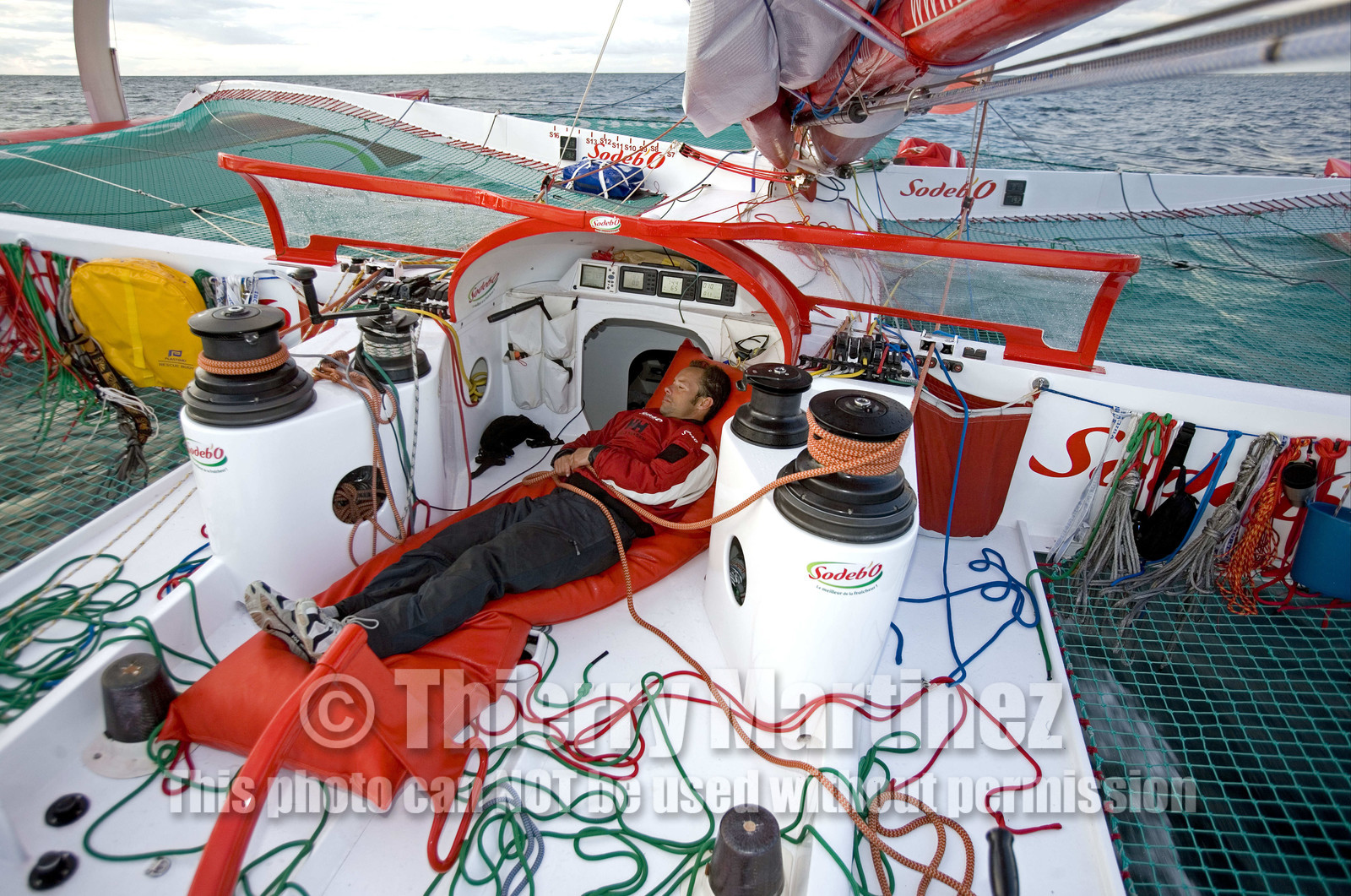 Thomas Coville(FRA) training on board trimaran SODEB'O for 2006 Route du Rhum.
