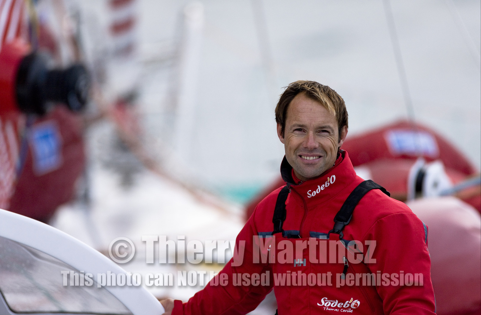Thomas Coville (FRA) maxi trimaran SODEBO Solo round the world record attempt. Start in Brest (FRA)