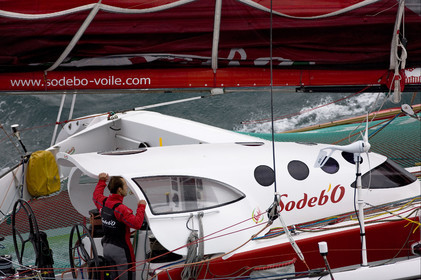 Thomas Coville (FRA) maxi trimaran SODEBO Solo round the world record attempt. Start in Brest (FRA)