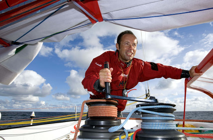 Thomas Coville(FRA) training on board trimaran SODEB'O for 2006 Route du Rhum.