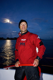 Thomas Coville(FRA) training on board trimaran SODEB'O for 2006 Route du Rhum.