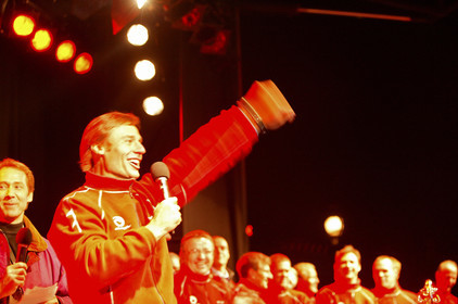 03_2256D ©Th.Martinez .Geneva , Switzerland. America's Cup 2003. 8th March 2003.Alinghi Team winner of America's Cup 2003..Welcome to Alinghi Team in Geneva. Ernesto Bertarelli on stage at La Rotonde..