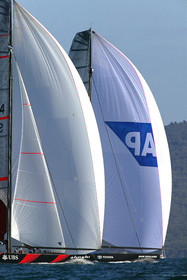 03_0951D © Th.Martinez  Auckland   New Zealand. 16 February 2003 America's Cup 2003, .Day 2 Alinghi (SUI64) vs Team New Zealand (NZL82) SUI64 during the last downwind leg.