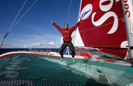 Thomas Coville(FRA) training on board trimaran SODEB'O for 2006 Route du Rhum.