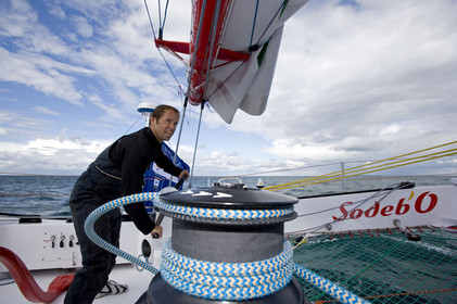 Thomas Coville(FRA) training on board trimaran SODEB'O for 2006 Route du Rhum.