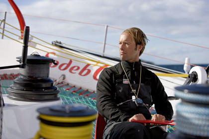 Thomas Coville(FRA) training on board trimaran SODEB'O for 2006 Route du Rhum.