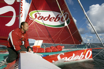 Thomas Coville(FRA) training on board trimaran SODEB'O for 2006 Route du Rhum.
