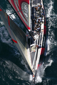 03_0902D © Th.Martinez. Auckland   New Zealand. 15 02 03 America's Cup Day 1.Alinghi (SUI64) vs Team New Zealand (NZL82) SUI64 going alone upwind after retirement of NZL82,.suffering of gear damages.