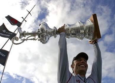 03_1507D ©Th.Martinez - Auckland (NZ) . America's Cup 2003. 2nd March 2003.Alinghi Team winner of America's Cup 2003.Ernesto Bertarelli (President and Navigator of Alinghi Team) Holding The America's Cup...