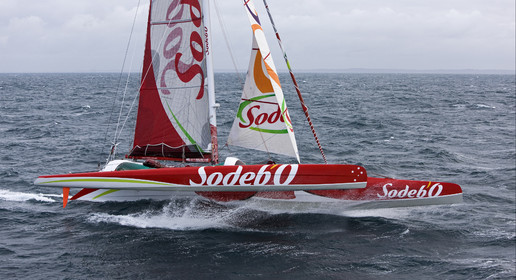 Thomas Coville (FRA) maxi trimaran SODEBO Solo round the world record attempt. Start in Brest (FRA)