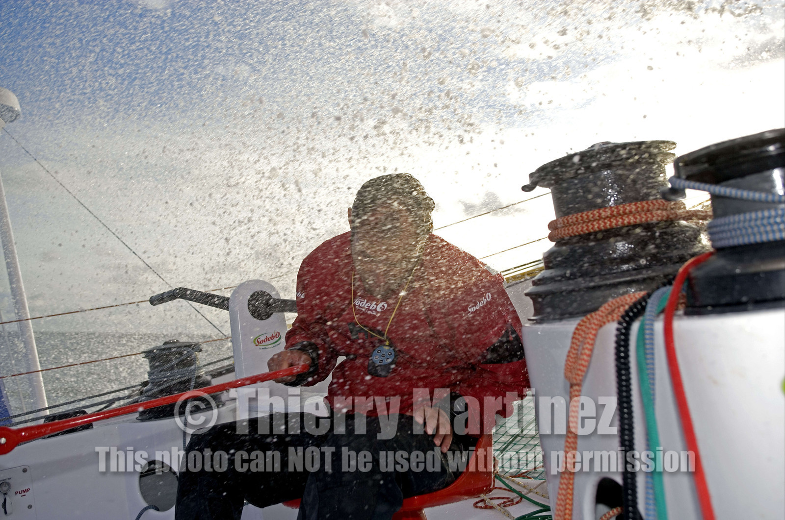 Thomas Coville(FRA) training on board trimaran SODEB'O for 2006 Route du Rhum.