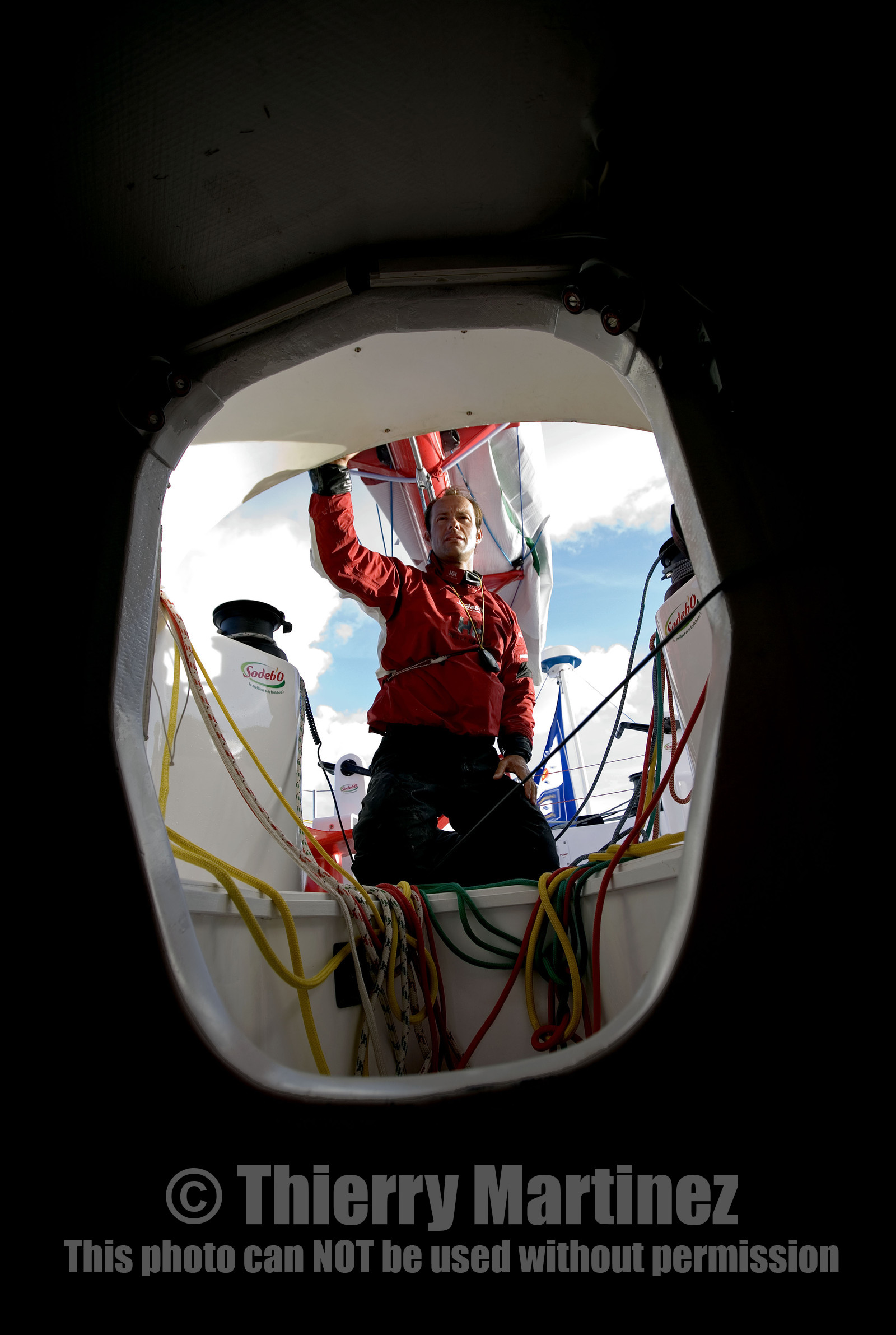 Thomas Coville(FRA) training on board trimaran SODEB'O for 2006 Route du Rhum.
